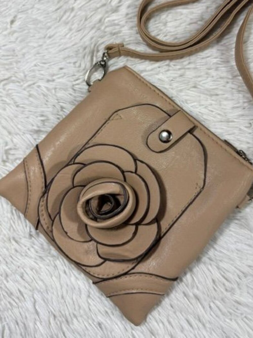 Genuine Leather Soft Tan 3D Flower Crossbody Clutch Bag